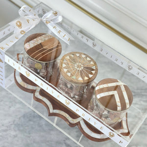 Gift Box of Mother of Pearl Tray with 3 Jars of Wrapped Chocolates & Dates