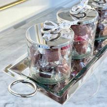 Load image into Gallery viewer, Gift Box of Silver Rings Tray Set with 3 Glass Jars &amp; Silver Rings Covers With 550g Wrapped Chocolates &amp; Dates
