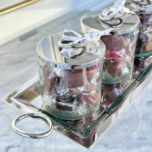 Gift Box of Silver Rings Tray Set with 3 Glass Jars & Silver Rings Covers With 550g Wrapped Chocolates & Dates