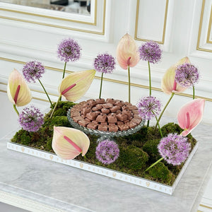 Anthurium & Allium Flower Arrangement with Glass Bowl of Chocolates
