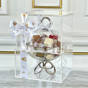 Gift Box of Small Silver Rings Glass Bowl & Cover With 300g Wrapped Chocolates & Dates