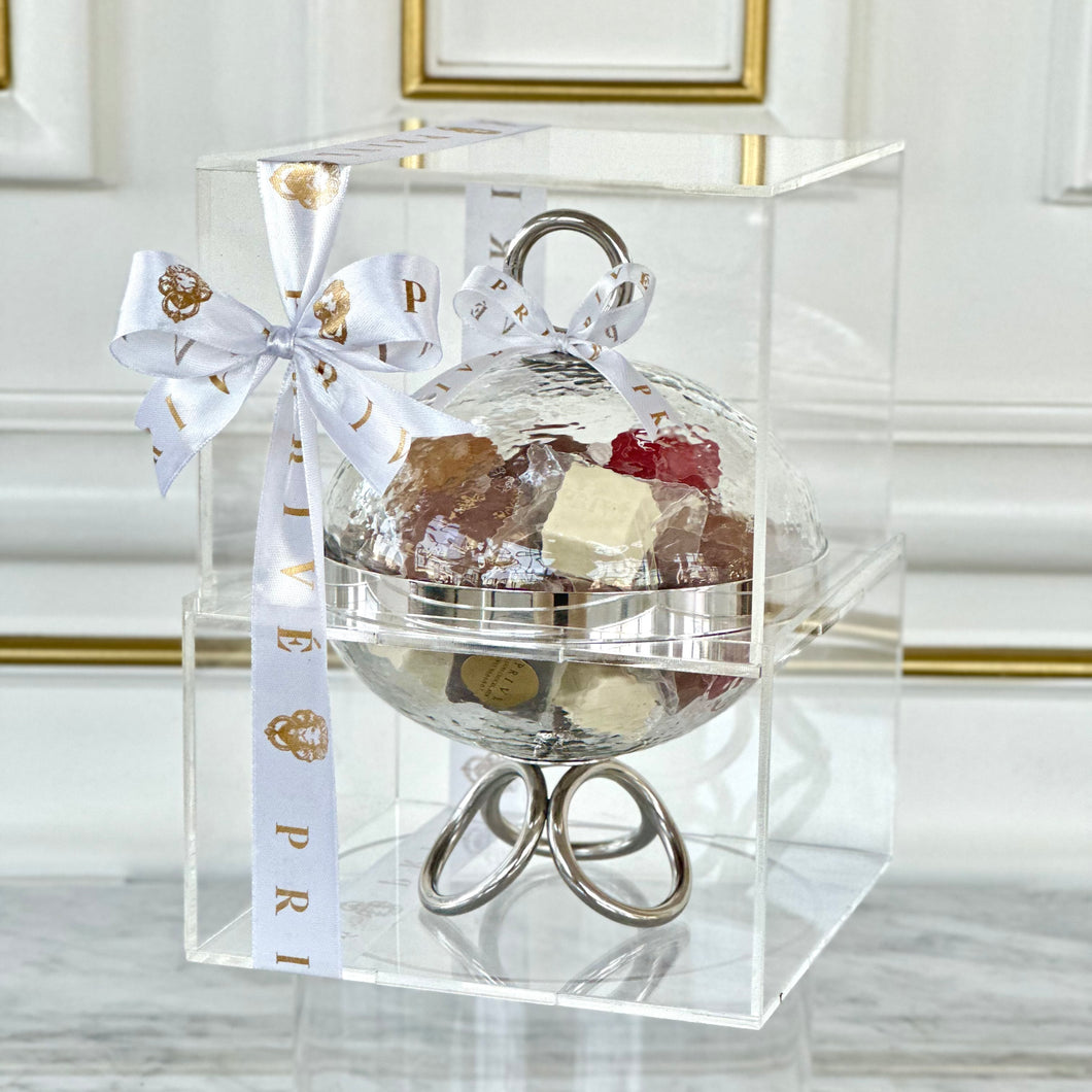 Gift Box of Small Silver Rings Glass Bowl & Cover With 300g Wrapped Chocolates & Dates