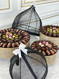 Gold Calligraphy Base & Cover Set With Chocolate Covered Dates & Date Balls (3 Sizes Available)