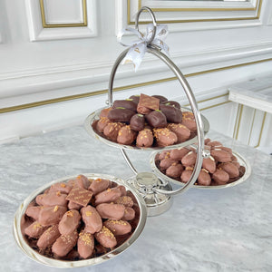 Very Large Gift Box of Silver Rings Stand With 3 Plates of Mixed Chocolate Covered Dates