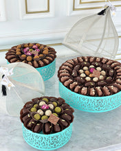 Load image into Gallery viewer, Turquoise Calligraphy Base &amp; Cover Set With Chocolate Covered Dates &amp; Date Balls (3 Sizes Available)
