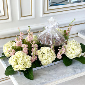 Hydrangeas White & Pink Flower Arrangement with Glass Bowl of Chocolates