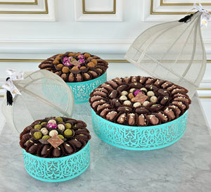 Turquoise Calligraphy Base & Cover Set With Chocolate Covered Dates & Date Balls (3 Sizes Available)