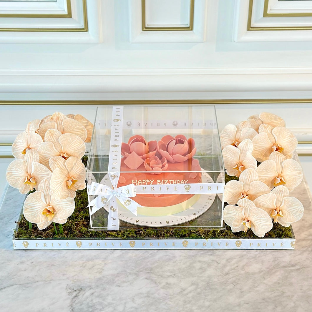 Peony Cake in Plexi Box & Tray with Orchid Flowers (Orchid color depends on availability)