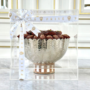 Gift Box of Mother of Pearl Base Silver Bowl With 1 KG Dates (Box 29cm x 30cm)