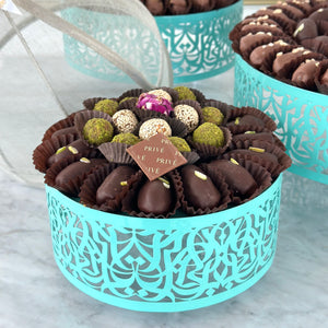 Turquoise Calligraphy Base & Cover Set With Chocolate Covered Dates & Date Balls (3 Sizes Available)