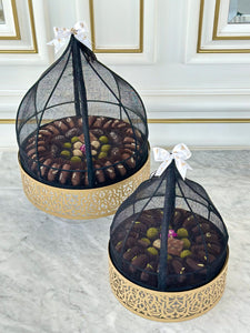 Gold Calligraphy Base & Cover Set With Chocolate Covered Dates & Date Balls (3 Sizes Available)