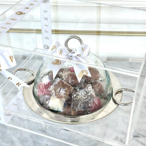 Gift Box of Small Silver Rings Tray & Glass Cover With 400g Wrapped Chocolates & Dates