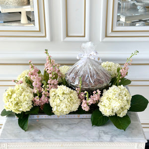 Hydrangeas White & Pink Flower Arrangement with Glass Bowl of Chocolates