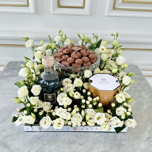Square White Flower Arrangement with Small German Crystal Chocolate Bowl