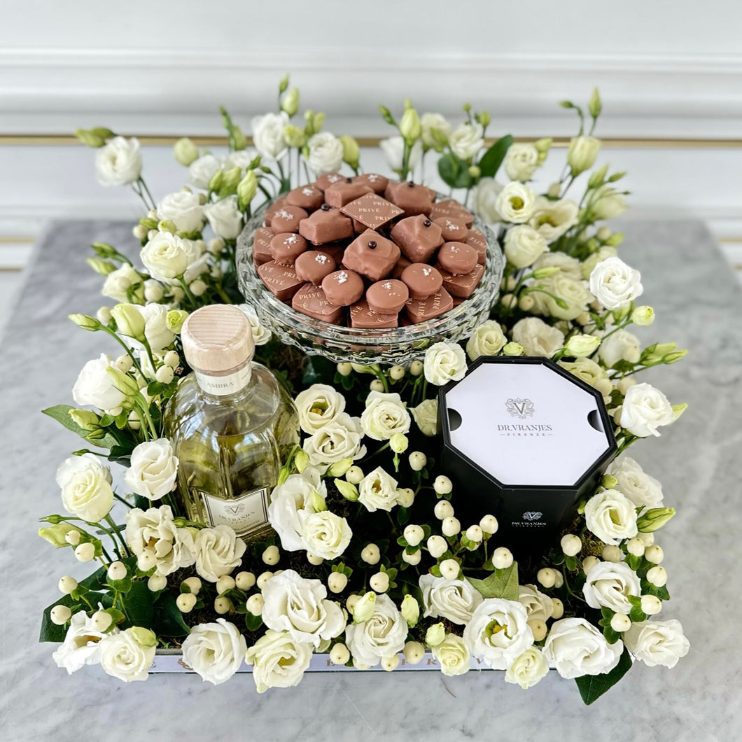 Square White Flower Arrangement with Small German Crystal Chocolate Bowl