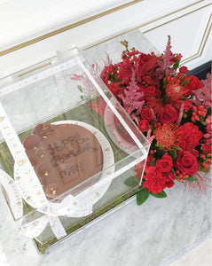 Chocolate Cake in Plexi Box with Flowers Tray
