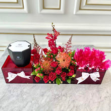 Load image into Gallery viewer, Red Gift Tray With Wrapped Chocolates &amp; Flowers
