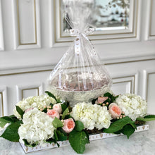 Load image into Gallery viewer, Luxury White Hydrangeas Arrangement with Glass Bowl of Chocolates