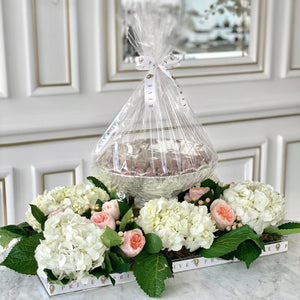 Luxury White Hydrangeas Arrangement with Glass Bowl of Chocolates