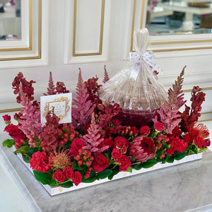 Luxury Red Flower Arrangement with Glass Bowl of Chocolates