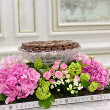 Load image into Gallery viewer, Luxury Pink Hydrangeas Arrangement with Glass Bowl of Chocolates