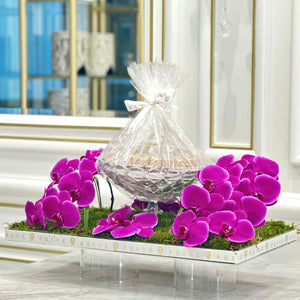 Elegant Purple Orchid Arrangement with Bowl of Chocolates