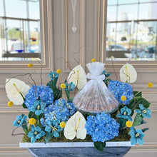 Load image into Gallery viewer, Dreamy Blue Grande Arrangement with Glass Bowl of Chocolates
