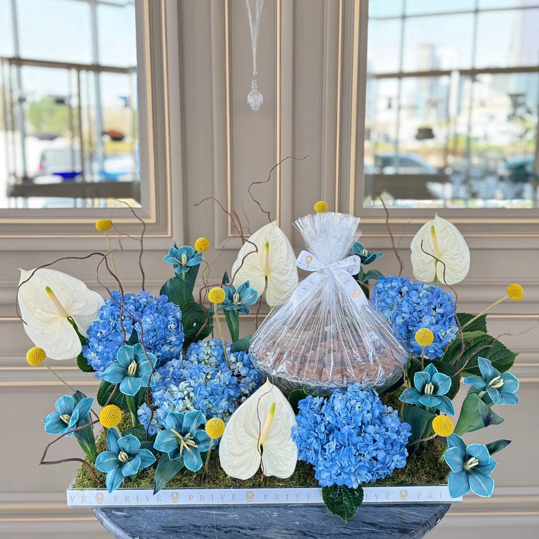 Dreamy Blue Grande Arrangement with Glass Bowl of Chocolates