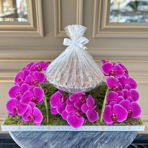Orchid Waves Arrangement in Pink/Purple with Bowl of Chocolates
