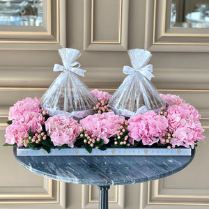 Pink Hydrangeas Arrangement With Two Bowls of Chocolates