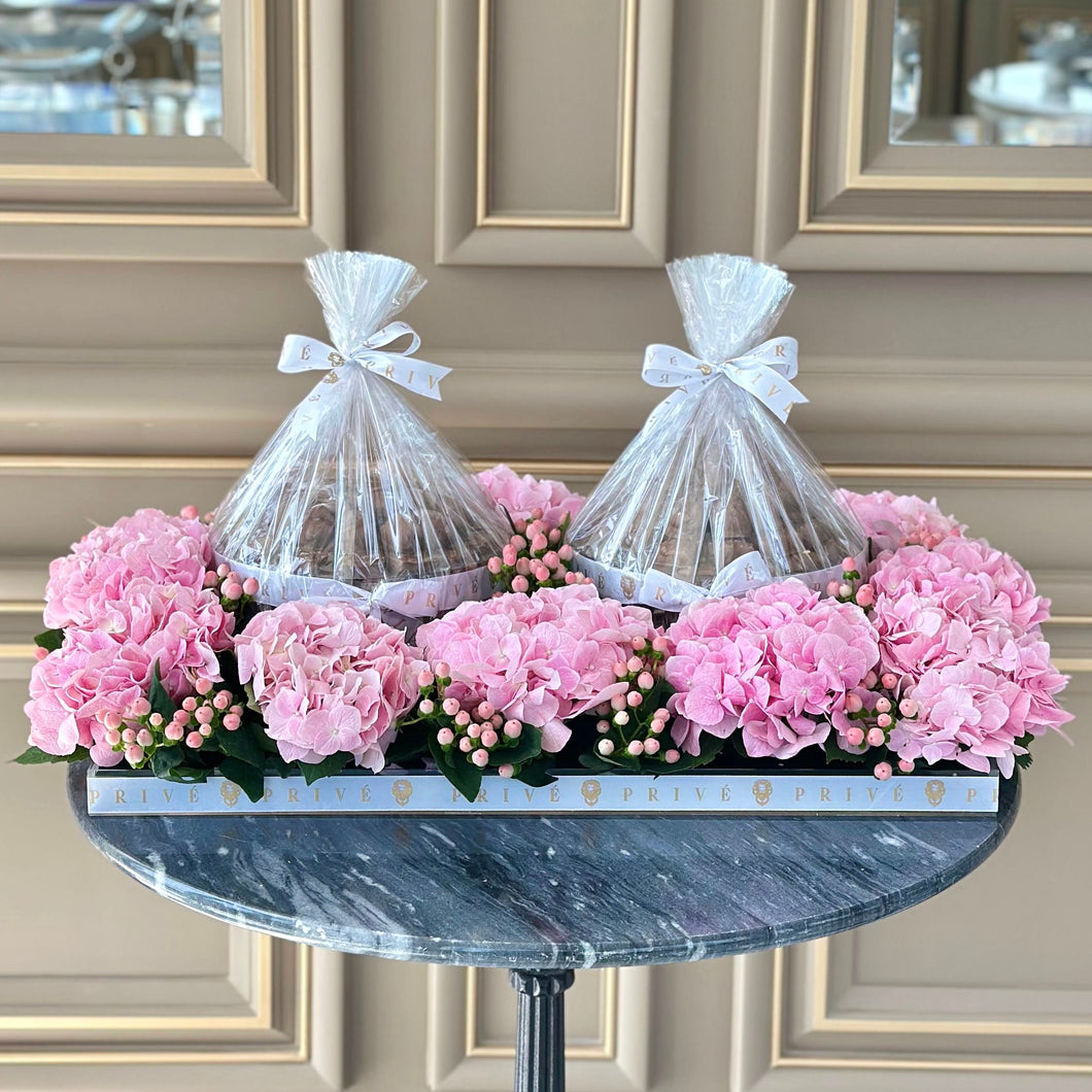 Pink Hydrangeas Arrangement With Two Bowls of Chocolates