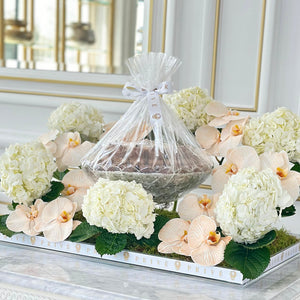 Elegant Orchid & Hydrangeas Arrangement with Bowl of Chocolates