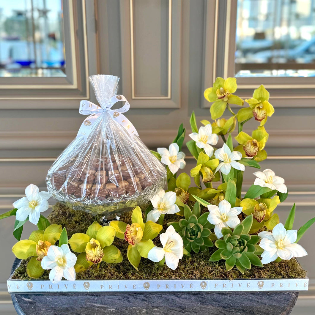 Orchid Elegance Arrangement with Glass Bowl of Chocolates
