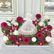 Load image into Gallery viewer, Maroon White Arrangement with Bowl of Chocolates (Flowers based on availability)
