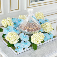 Load image into Gallery viewer, Elegant Blue Orchid &amp; Hydrangeas Arrangement with Bowl of Chocolates
