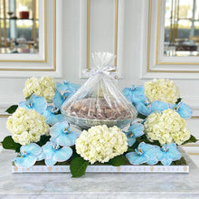 Load image into Gallery viewer, Elegant Blue Orchid &amp; Hydrangeas Arrangement with Bowl of Chocolates
