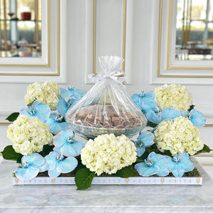 Elegant Blue Orchid & Hydrangeas Arrangement with Bowl of Chocolates