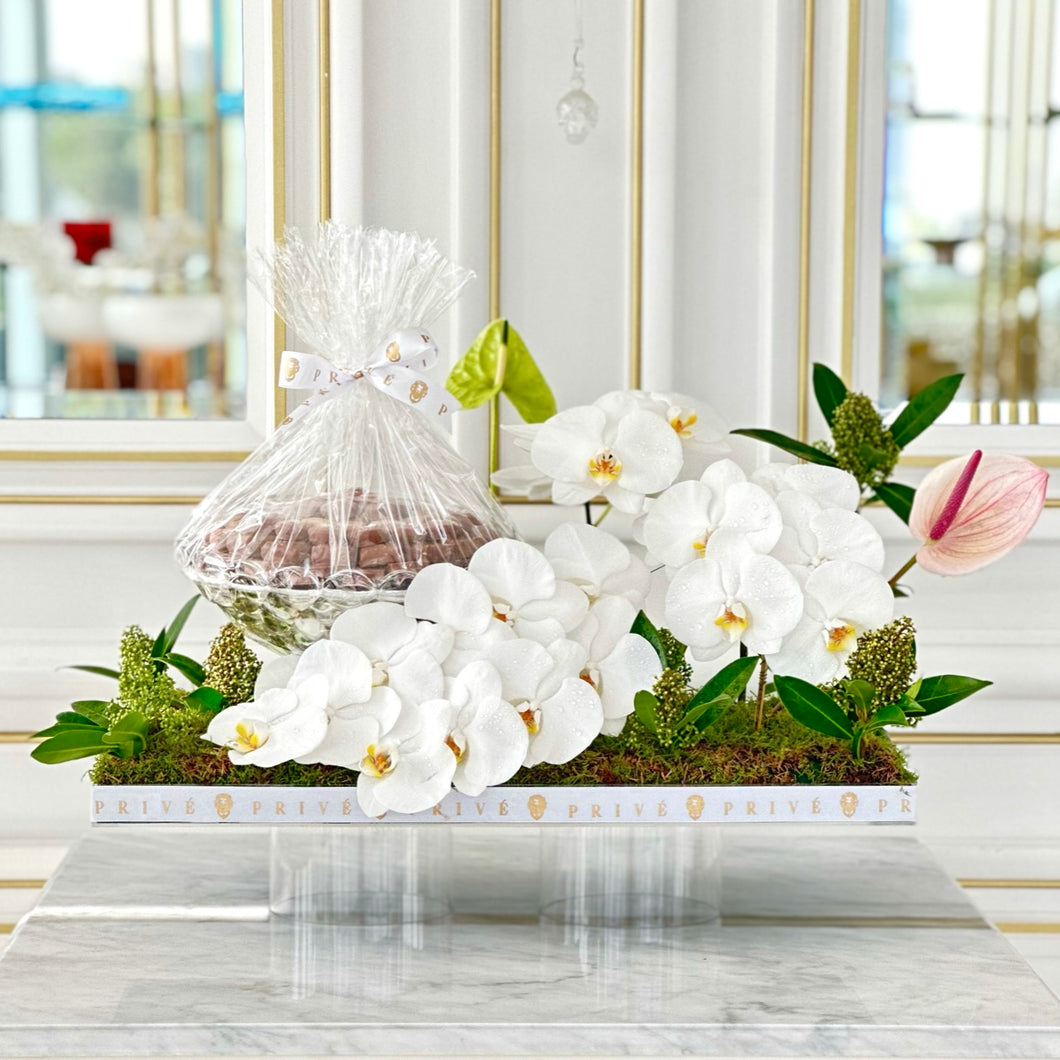 Luxury Orchid Arrangement with Bowl of Chocolates - White