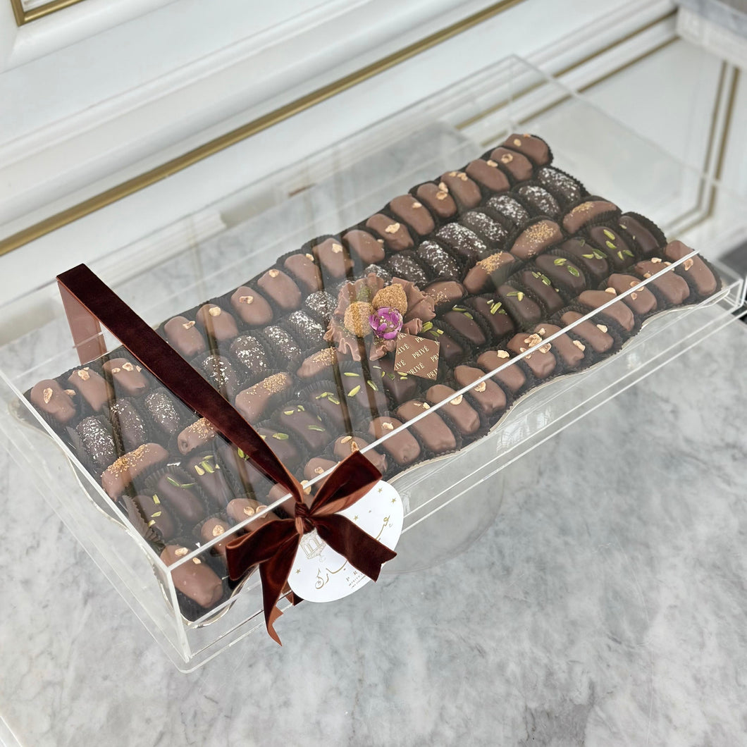 Gift Box of Silver Curves Tray With Chocolate Dates & Baklawa Chocolate