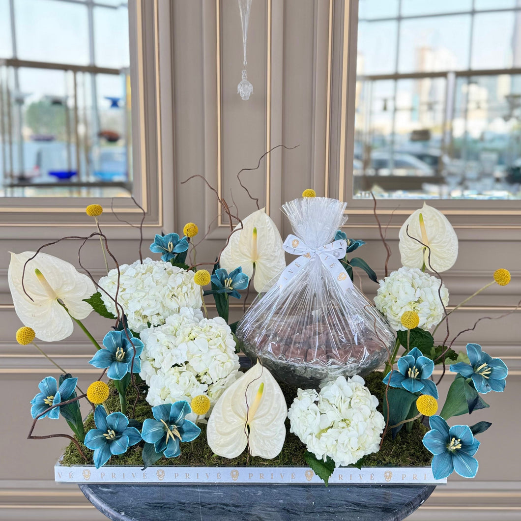 Dreamy White Grande Arrangement with Glass Bowl of Chocolates