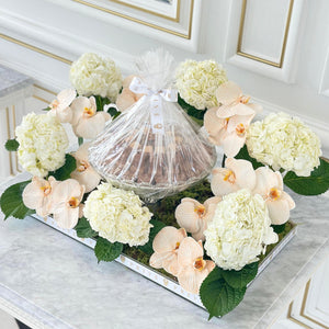 Elegant Orchid & Hydrangeas Arrangement with Bowl of Chocolates