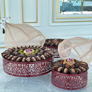 Maroon Calligraphy Base & Cover Set With Chocolate Covered Dates & Date Balls (3 Sizes Available)