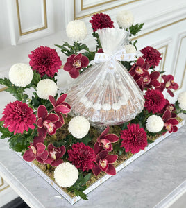 Maroon White Arrangement with Bowl of Chocolates (Flowers based on availability)