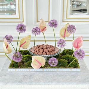 Anthurium & Allium Flower Arrangement with Glass Bowl of Chocolates