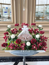 Load image into Gallery viewer, Maroon White Arrangement with Bowl of Chocolates (Flowers based on availability)
