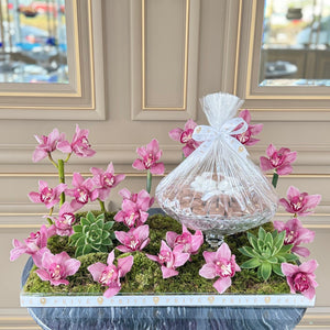 Dreamy Pink Orchids Arrangement with Bowl of Chocolates