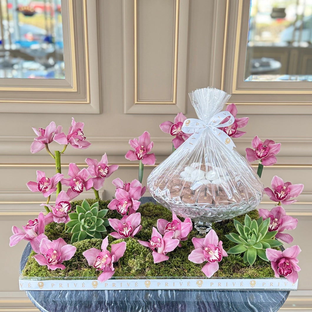 Dreamy Pink Orchids Arrangement with Bowl of Chocolates