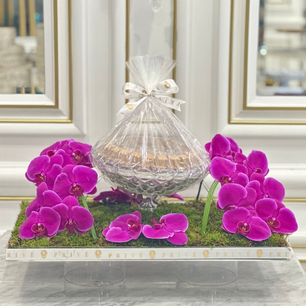 Elegant Purple Orchid Arrangement with Bowl of Chocolates