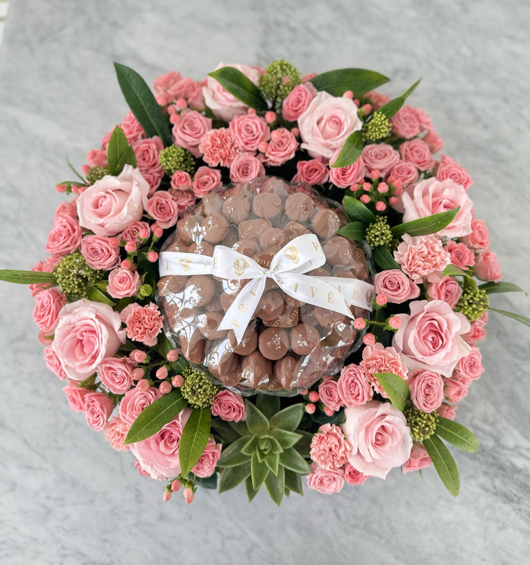 Pink Round Flower Arrangement with Chocolate Bowl