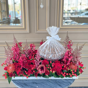 Luxury Red Flower Arrangement with Glass Bowl of Chocolates